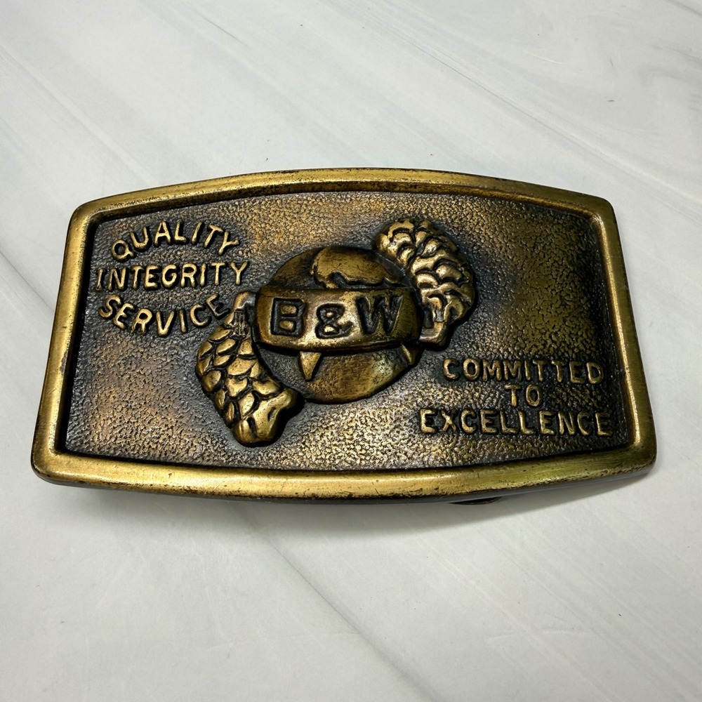 Vintage B&W Belt Buckle Brass Tone Quality Integrity Service Excellence Logo